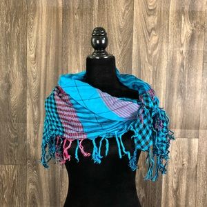 Lightweight plaid multicolored fringed scarf
